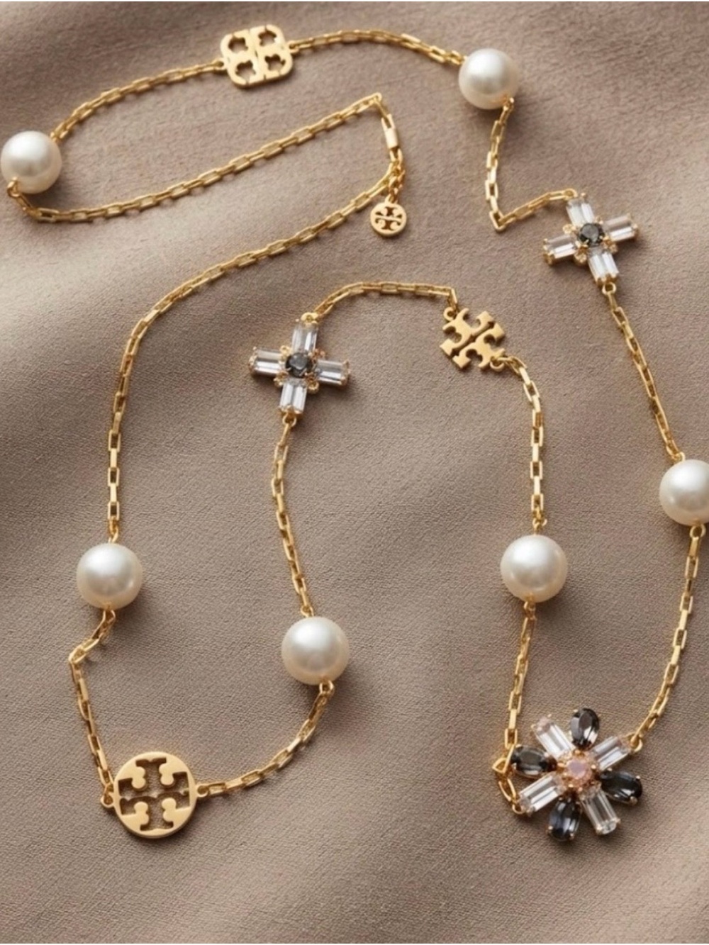 Tory Burch Gold Tone Pearl & Crystal Station Long Necklace